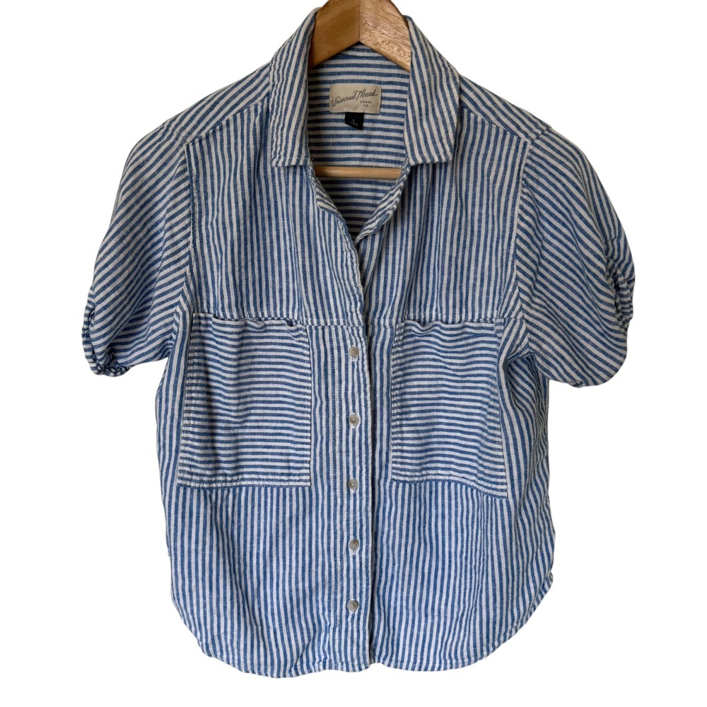 Universal Thread Striped Button Down Women S Blue White Excellent Linen Blend
